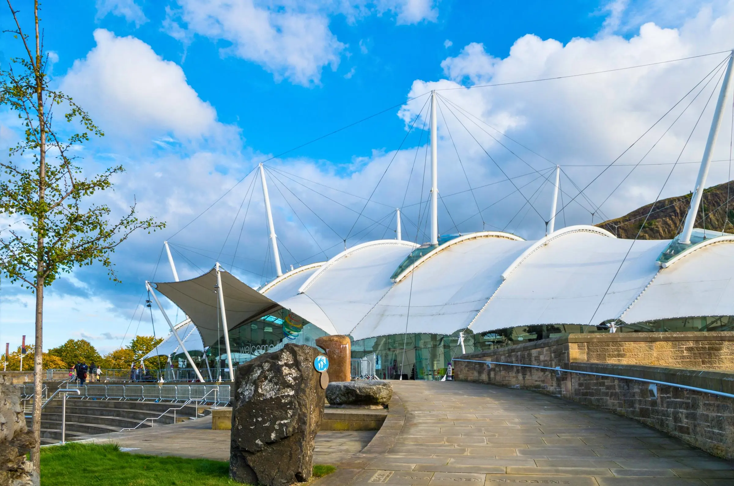 The iconic white canvas roof of Dynamic Earth in Edinburgh