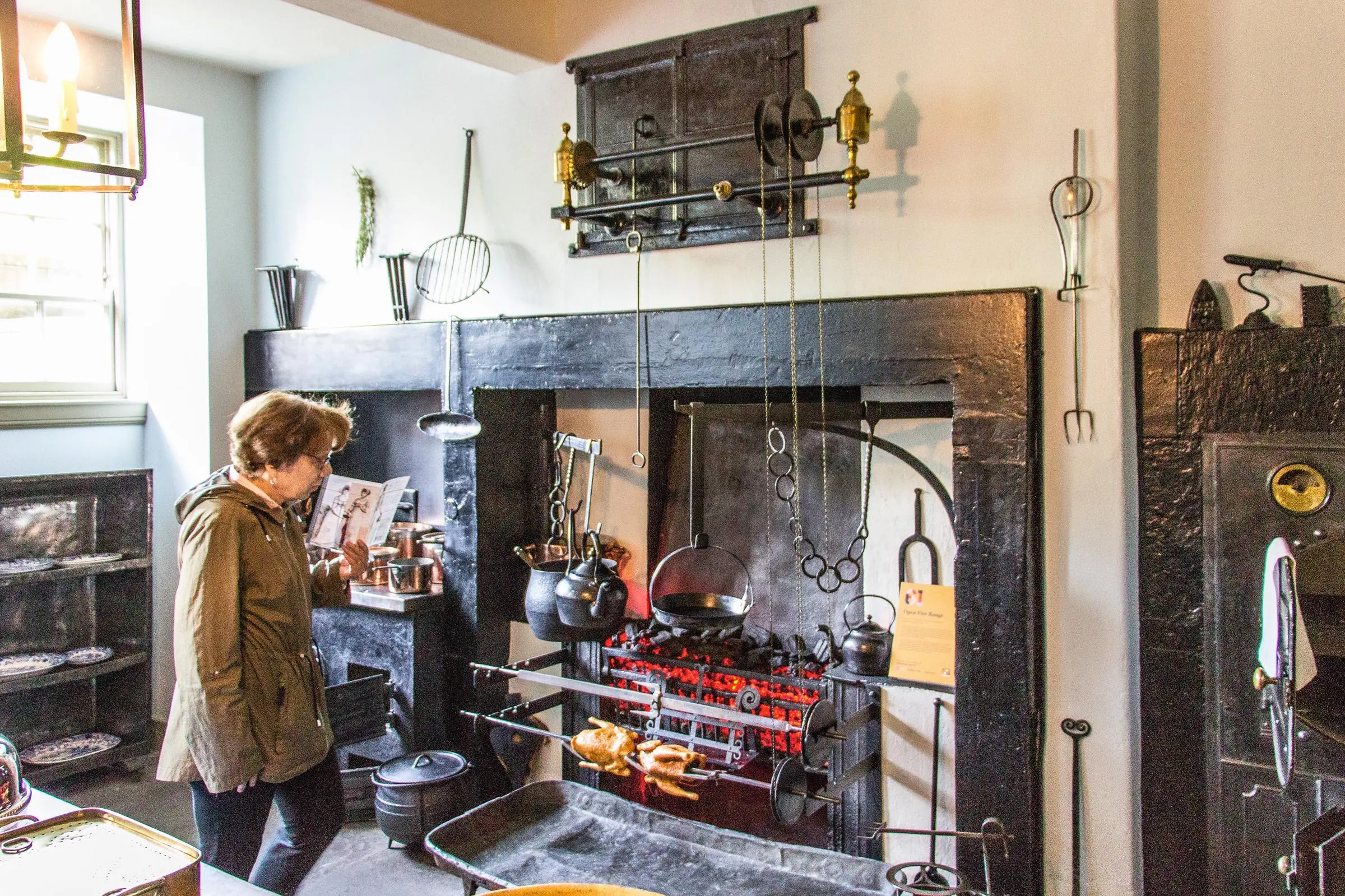 The basement kitchen with copper pots