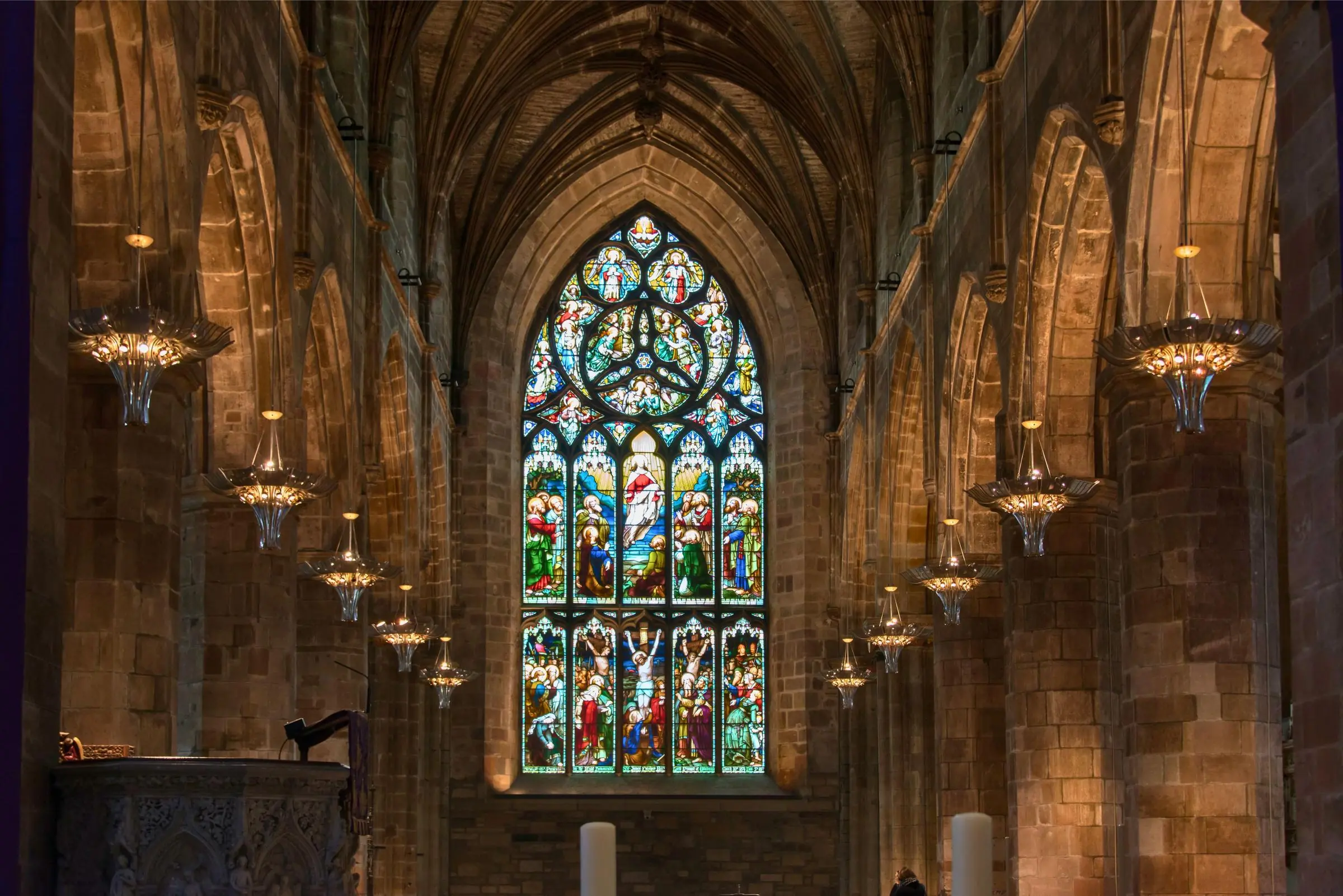 Stained glass windows inside St Giles Cathedral